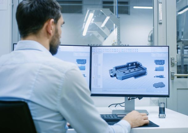 Engineer/ Technician Working on a Personal Computer with Two Displays, He's Designing New Component in CAD Program. Out of the Office Window Components Manufacturing Factory is Seen.
